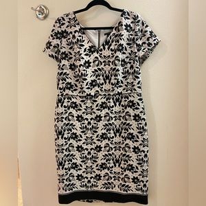 Size 14, Ann Taylor white dress with black flowers and khaki accent dots.